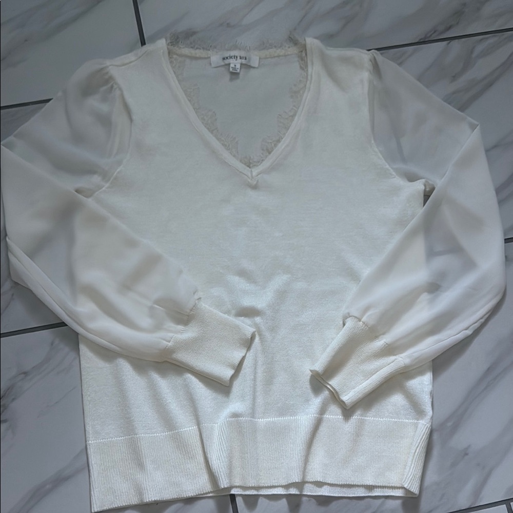 Society Cream V-Neck Sweater with Sheer Sleeves